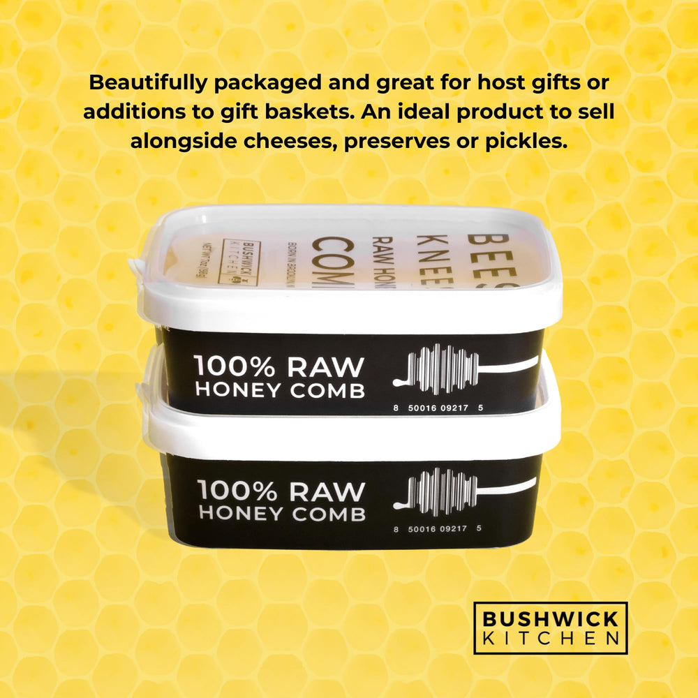 Gift packaging of Bees Knees 7 oz honeycomb for foodie gifts