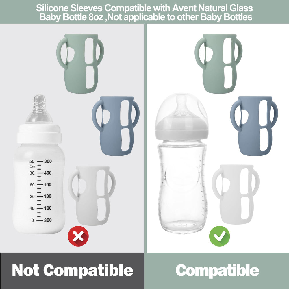 BUSOHA Avent glass bottle sleeve with handle improves one-handed grip during feeding.
