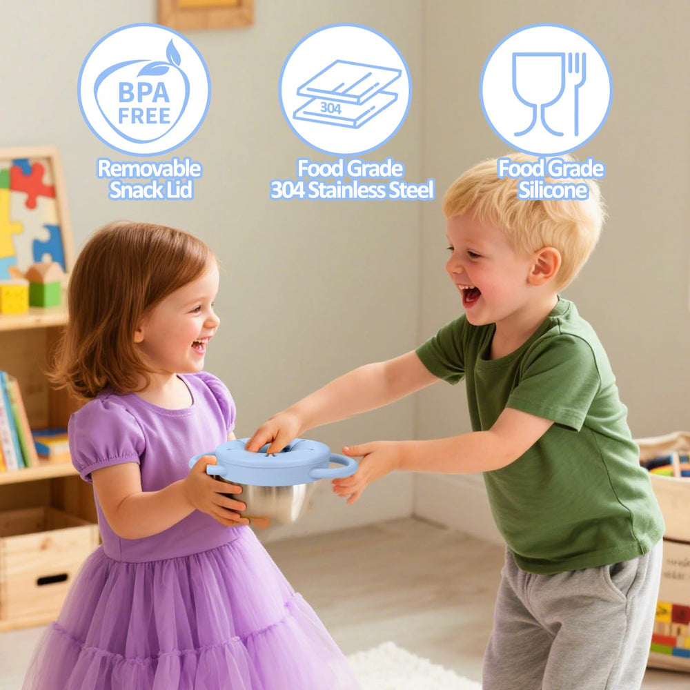 BUSOHA stainless steel snack cups with durable handles support kids' independence.