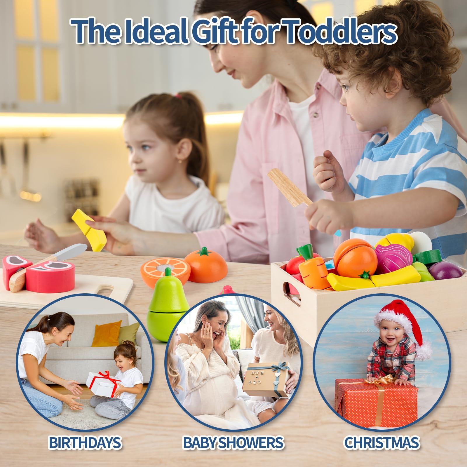 Busy edition colorful wooden food pieces promote color recognition during play