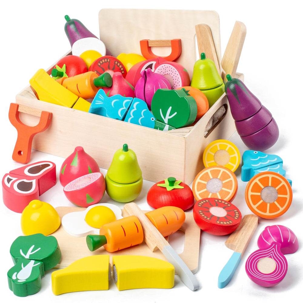 Busy edition wooden play food set fruits and vegetables for imaginative pretend meals