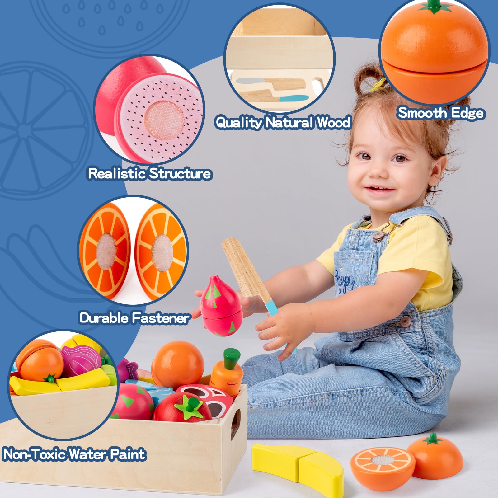 Busy edition wooden play food set with knives for safe pretend cutting
