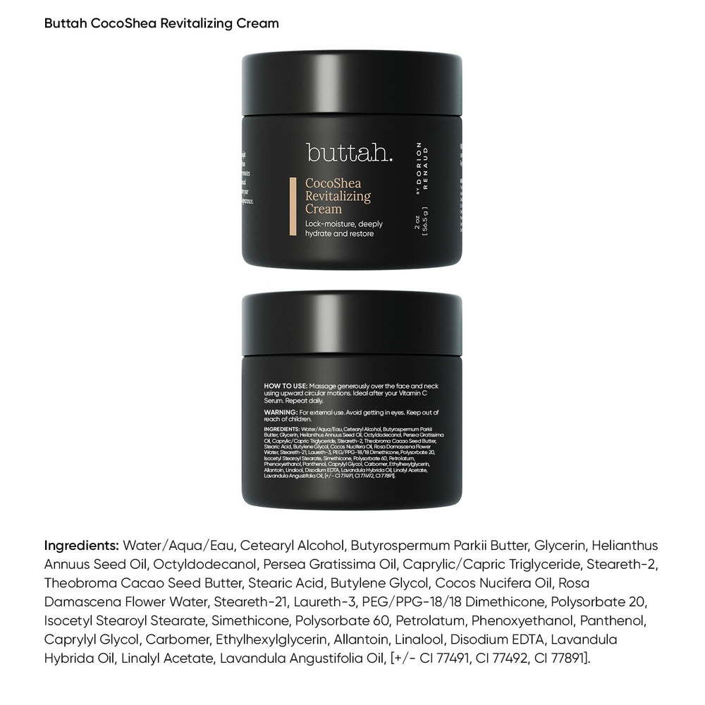 Buttah Skin CocoShea Revitalizing Cream jar closeup shows rich texture for dry skin
