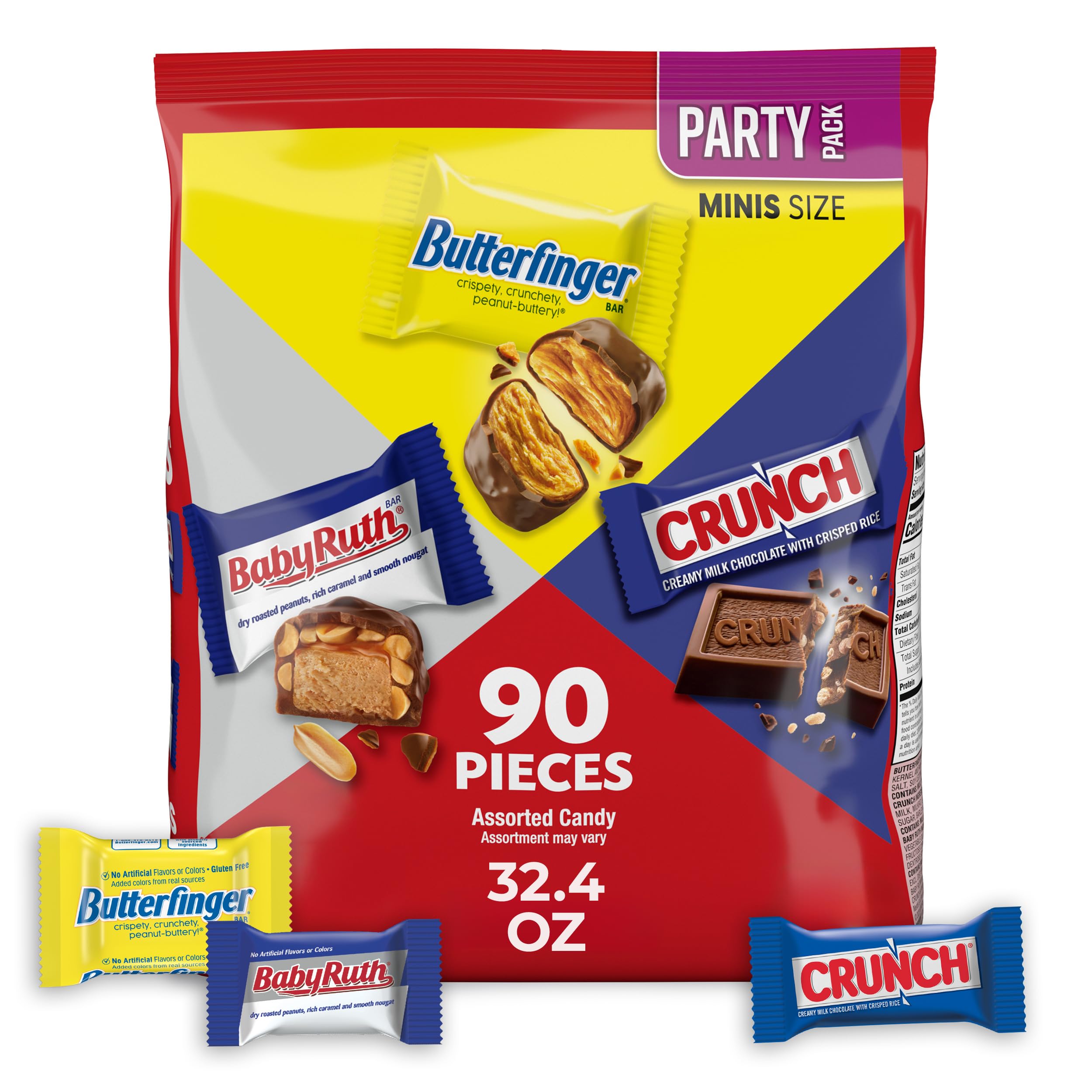 Butterfinger CRUNCH Baby Ruth mini bars front pack, ideal for sharing at gatherings.