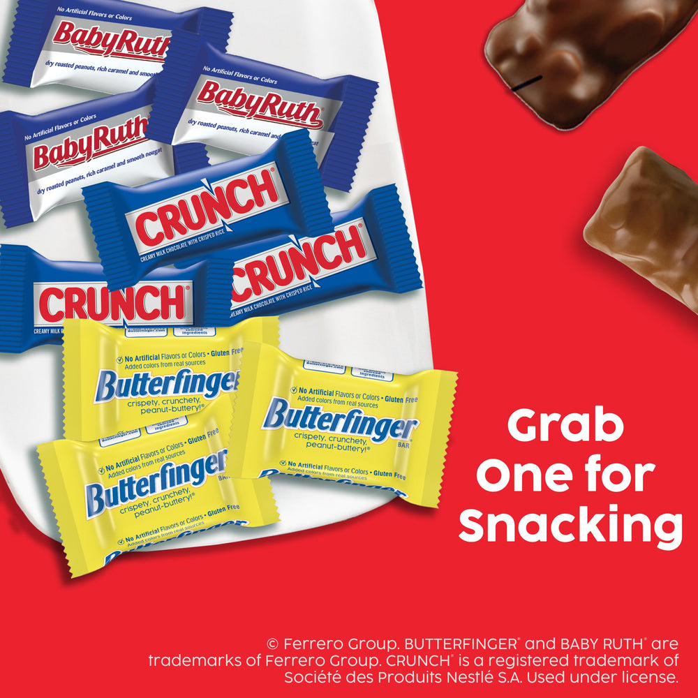 Butterfinger CRUNCH Baby Ruth minis in Halloween candy bowl, great for sharing.