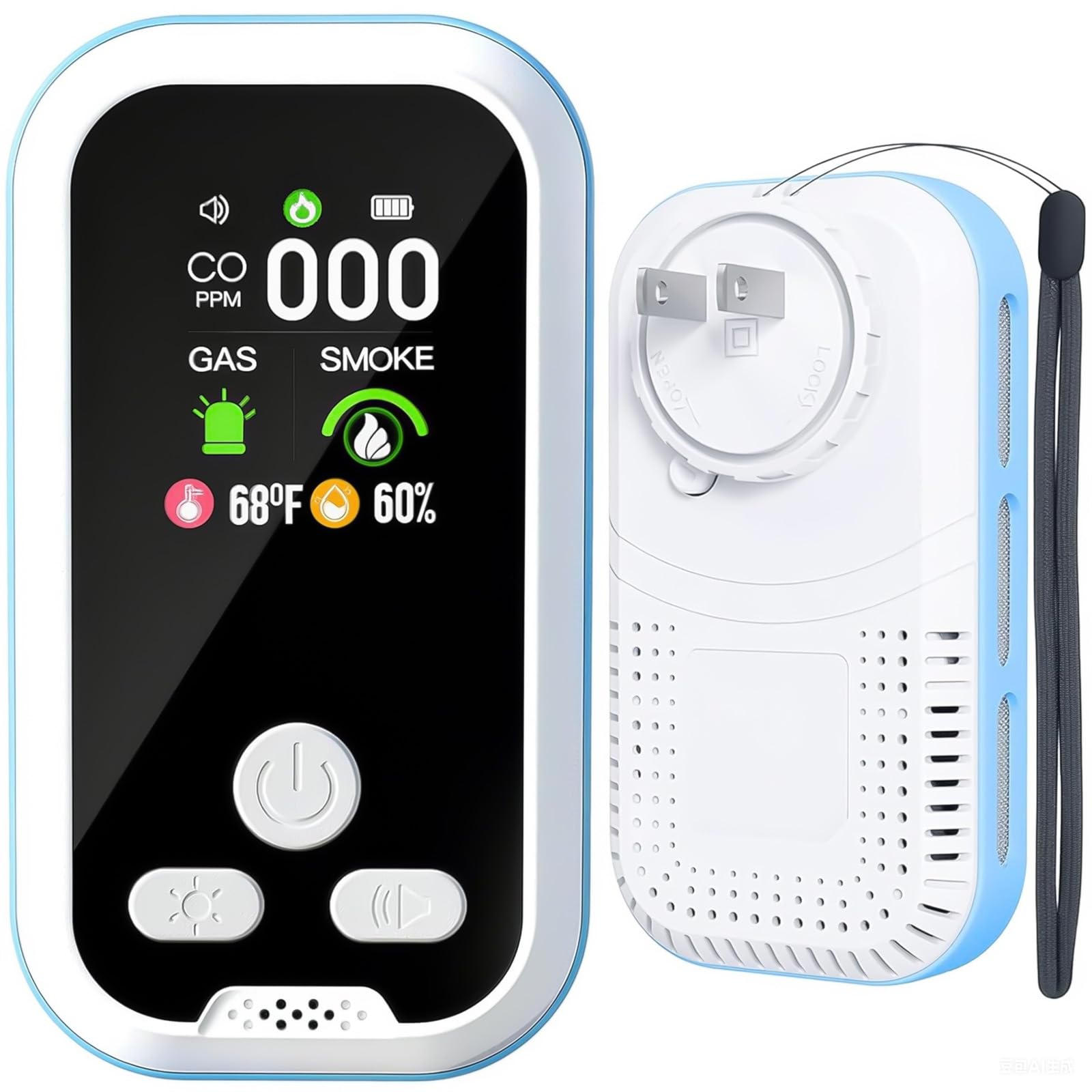 Buwheekoki 6-in-1 detector front view shows a compact home safety unit.