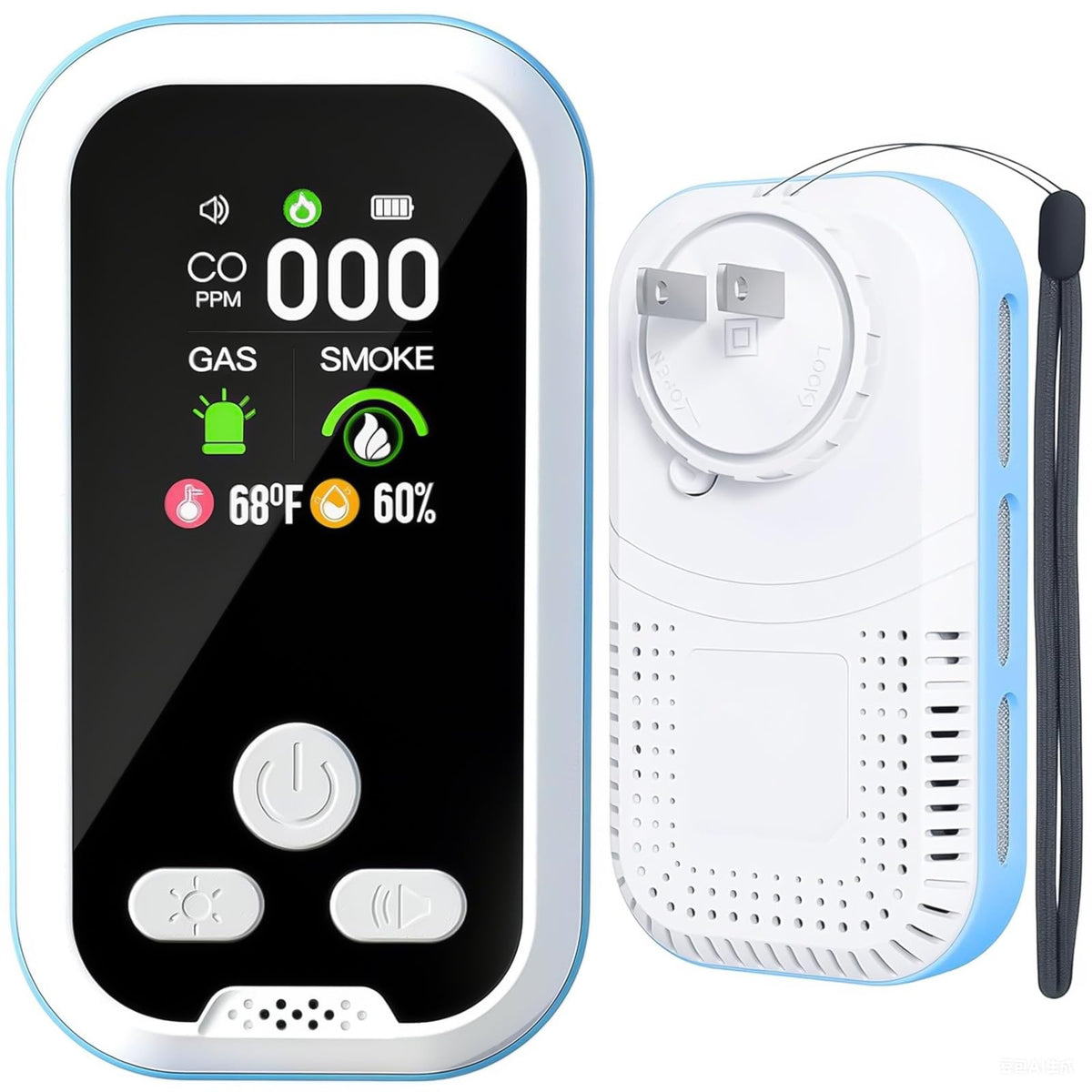Buwheekoki 6-in-1 detector front view shows a compact home safety unit.