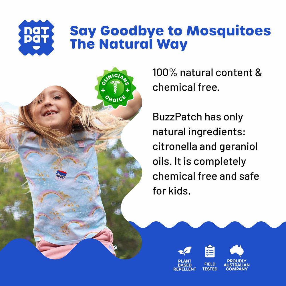 BuzzPatch mosquito patch application demonstrates quick, mess-free placement for busy families.