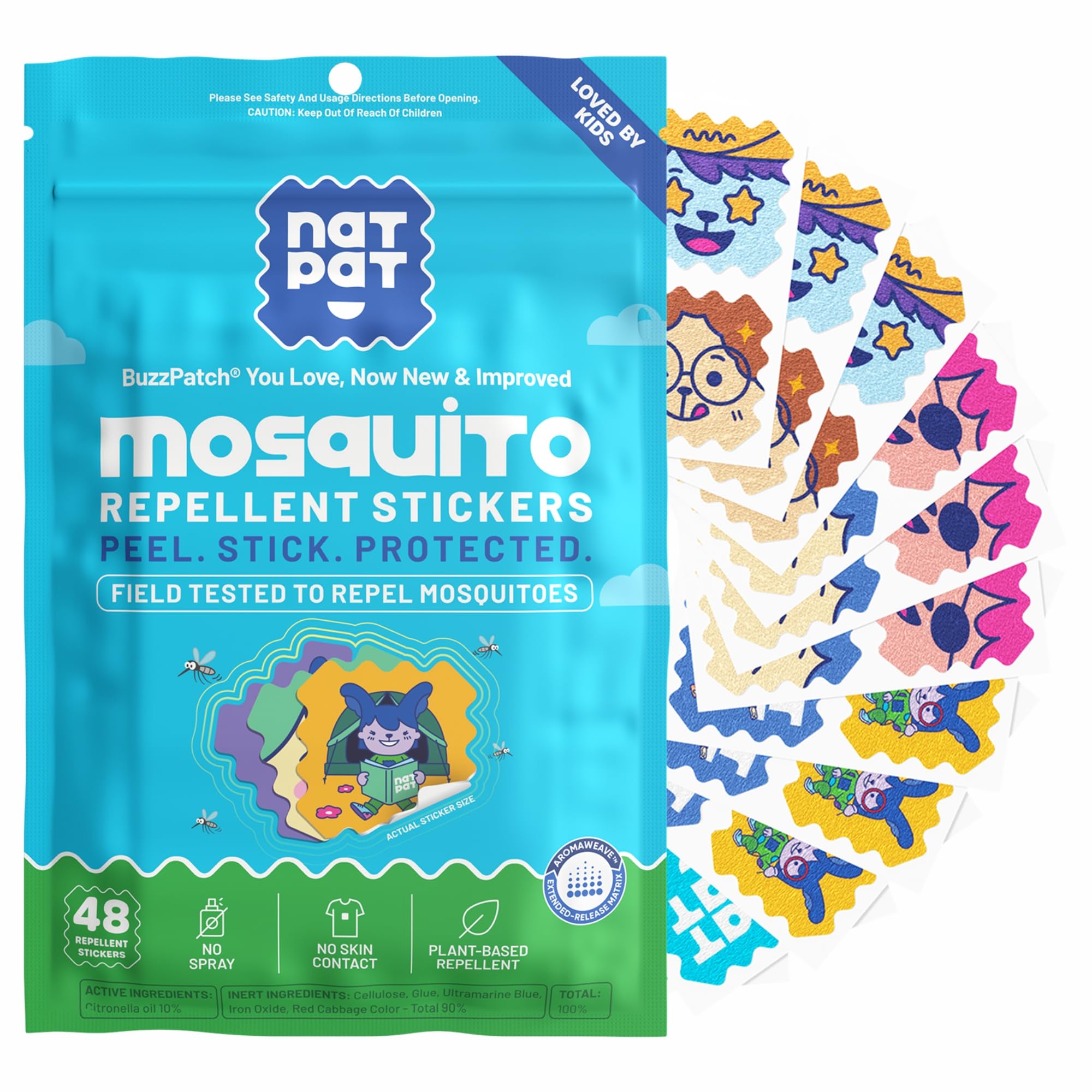 BuzzPatch NATPAT kid stickers applied to clothing for mosquito protection.