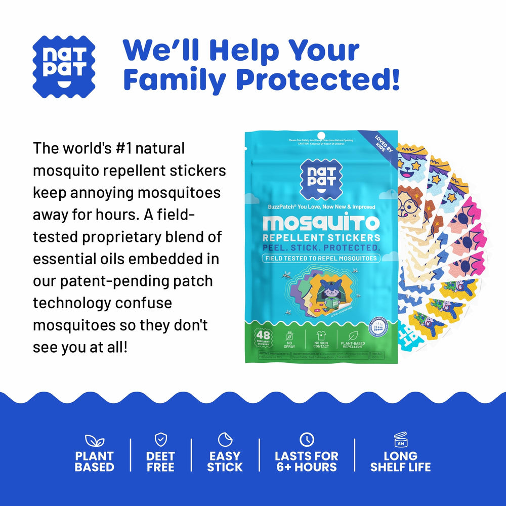 Water-resistant BuzzPatch sticks during rain or sweat for continuous protection.
