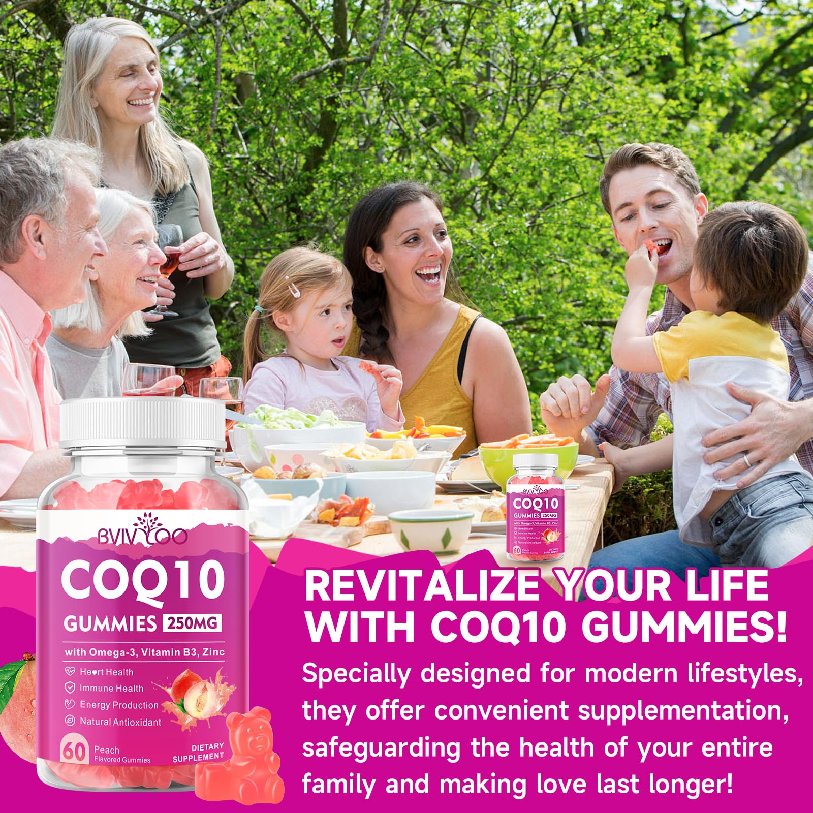 BVIVLOO CoQ10 Gummies in a kitchen scene highlight easy integration into routines.