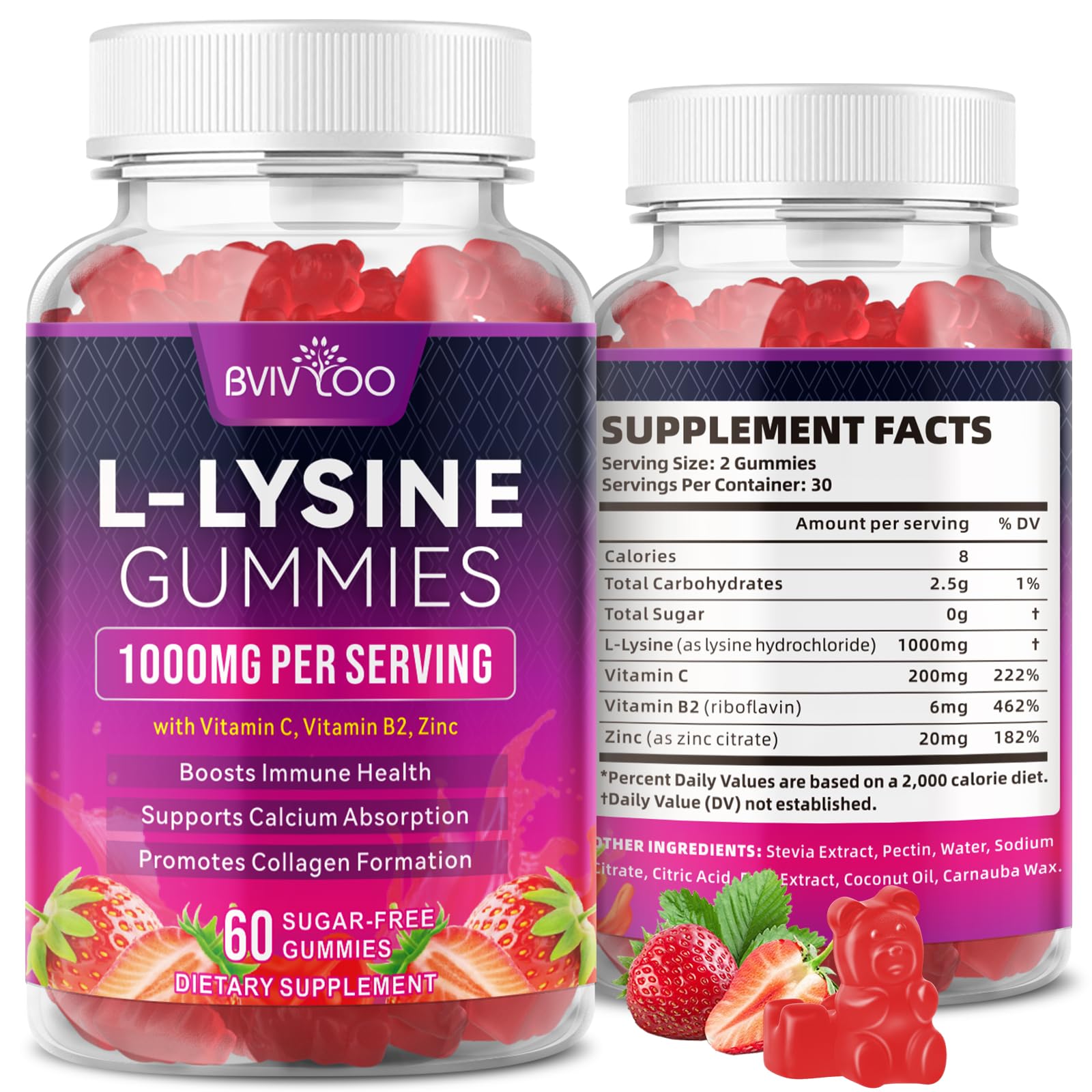 BVIVLOO L-Lysine gummy bottle with berry flavor for immune support and skin health