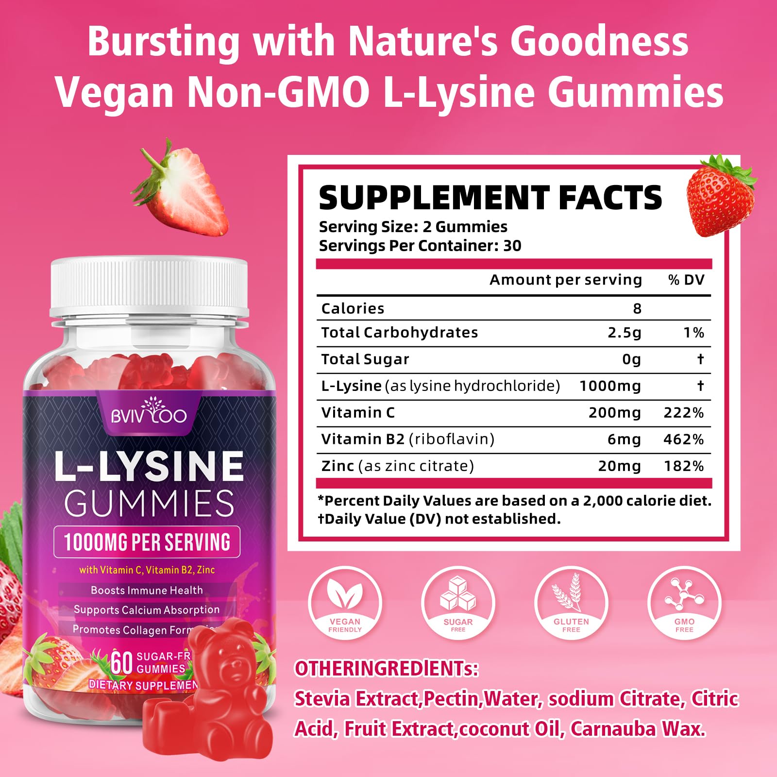 BVIVLOO L-Lysine gummies berry flavor provide vegan, sugar-free immune support