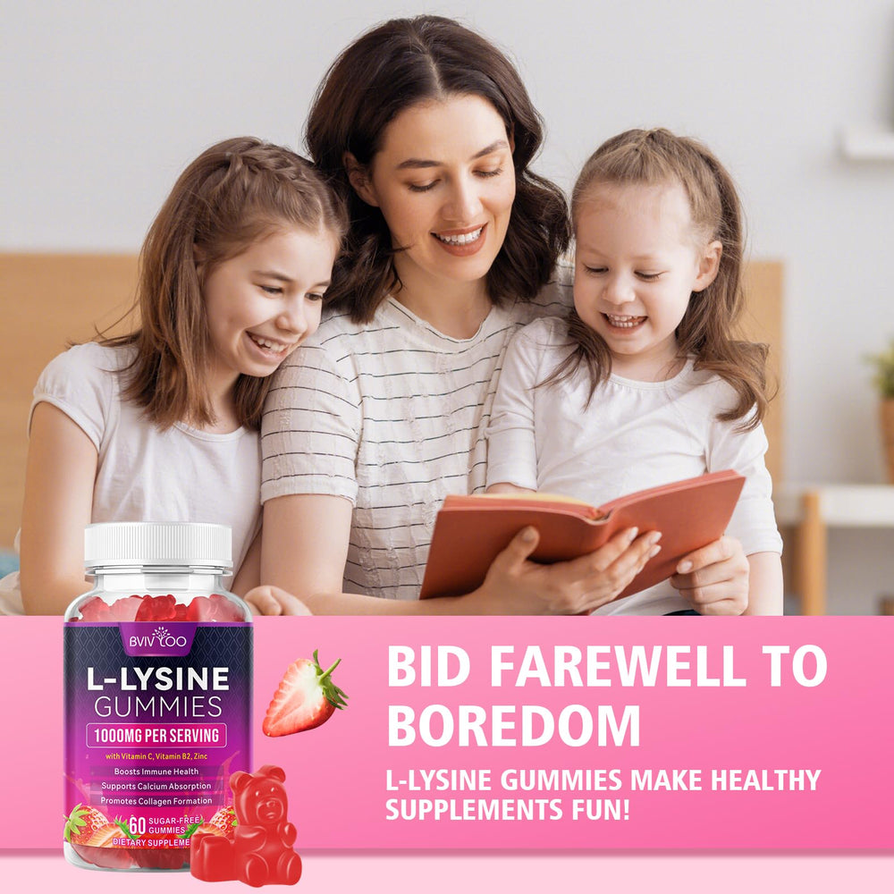 BVIVLOO lysine gummy packaging featuring eco-friendly labeling and family size pack