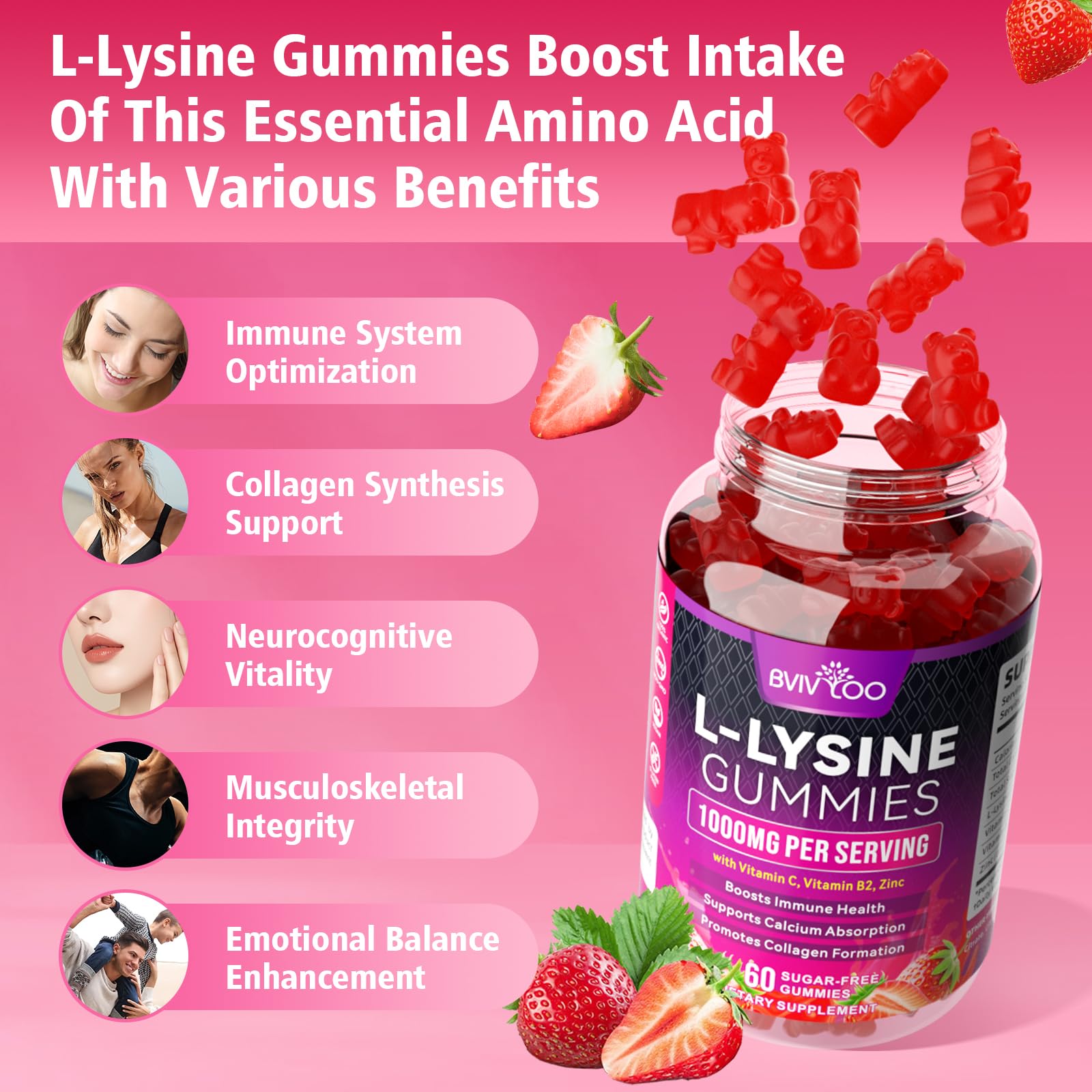 BVIVLOO vegan lysine gummies close up highlighting gluten-free allergen-friendly formula