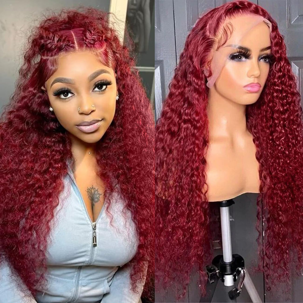 Bworto 30-inch burgundy wig front view with deep wave texture for natural movement