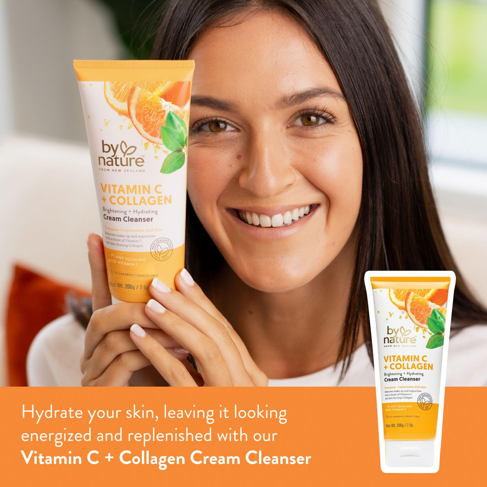 By Nature Vitamin C Collagen Cleanser texture closeup highlights creamy hydration for refreshed skin.