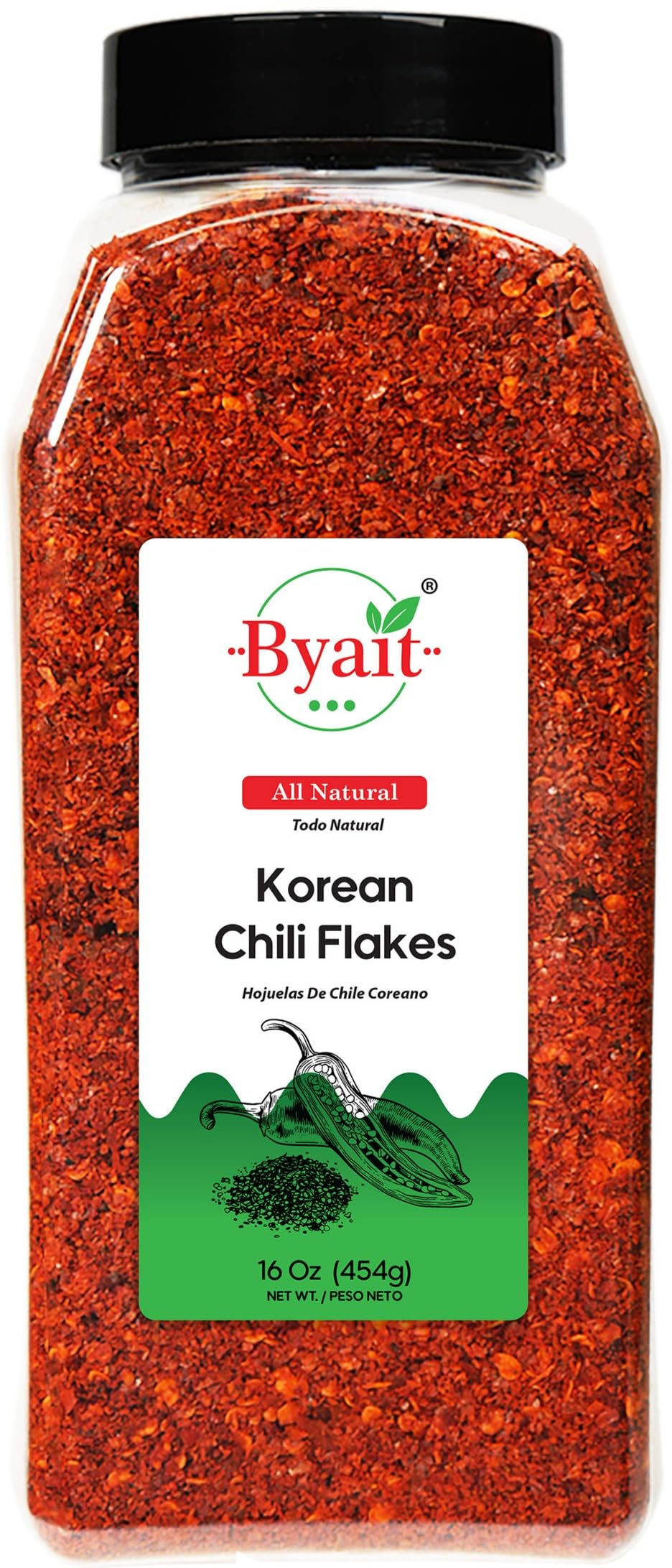 Byait Gochugaru jar with vibrant red flakes for authentic kimchi flavor.