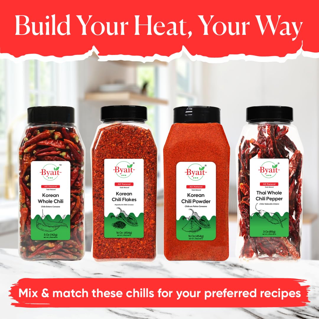 Spice rack display with Byait gochugaru and other seasonings.