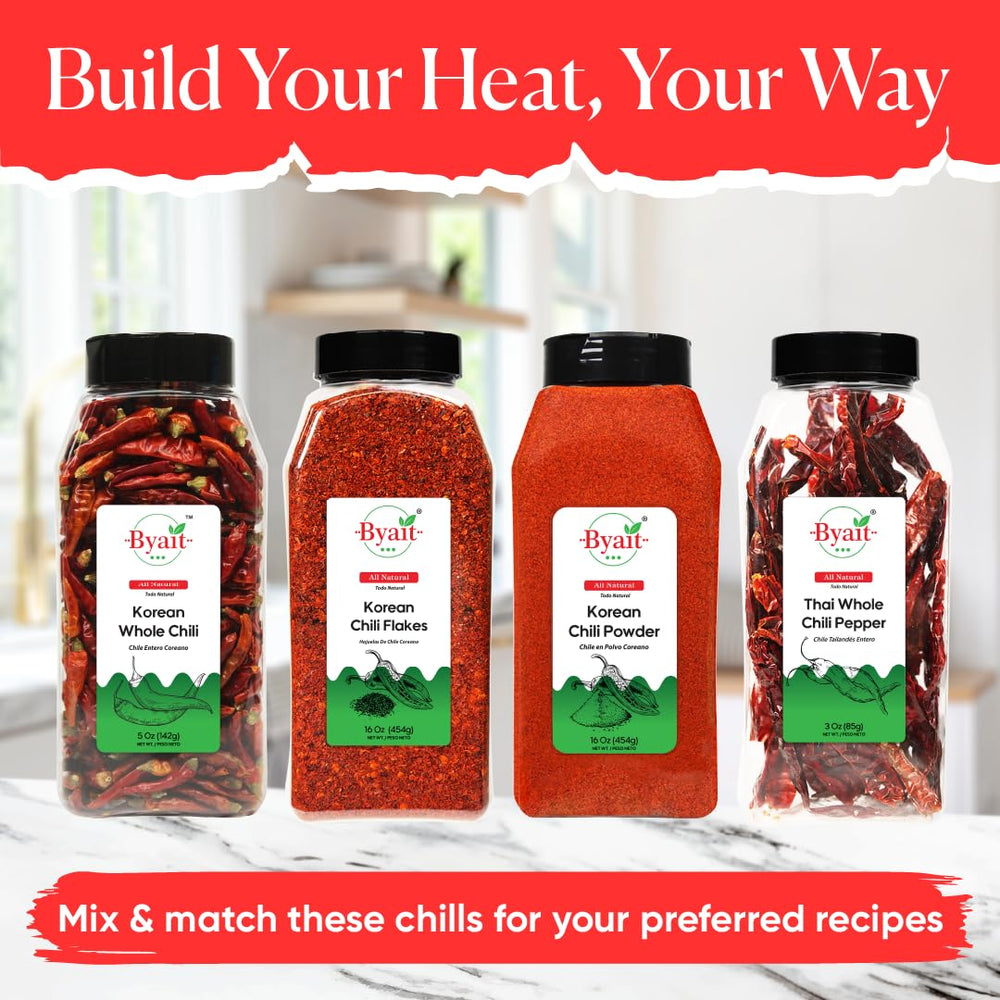 Spice rack display with Byait gochugaru and other seasonings.