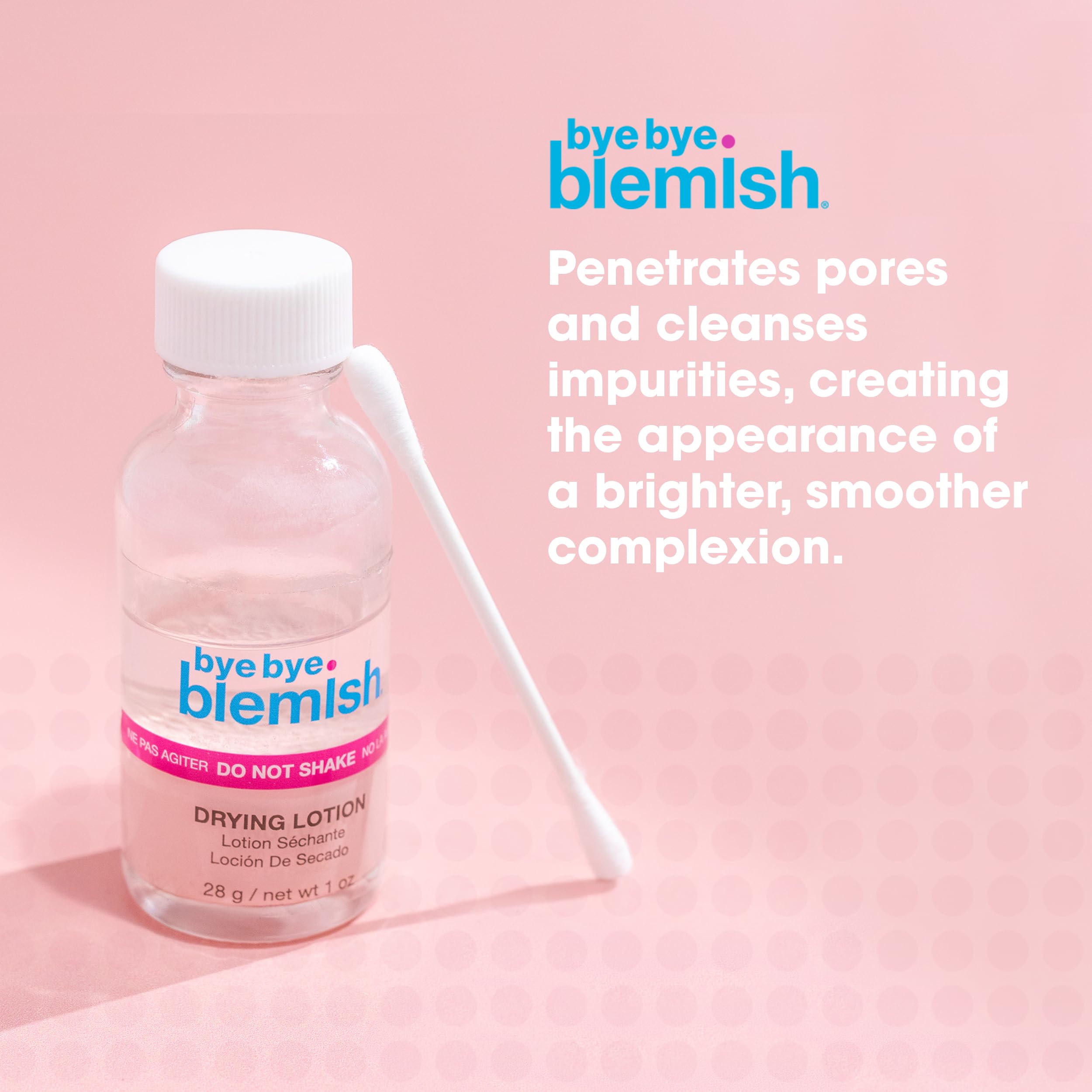 Bye Bye Blemish bottle close-up shows compact 1oz packaging for travel-friendly use.