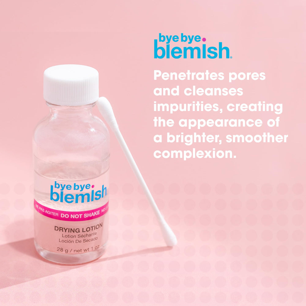 Bye Bye Blemish bottle close-up shows compact 1oz packaging for travel-friendly use.