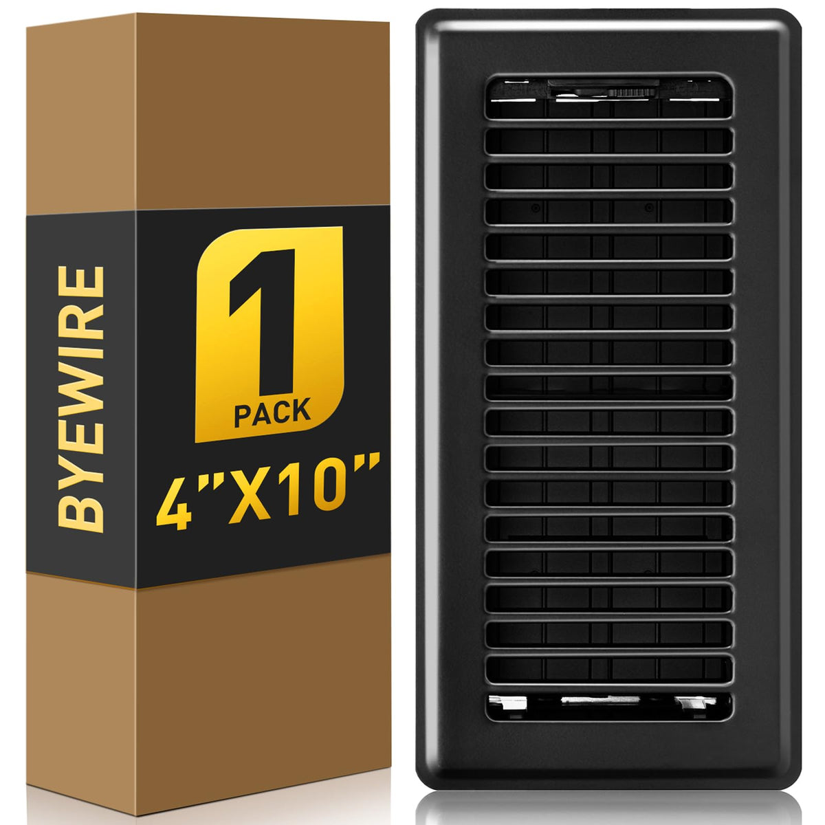 BYEWIRE 4x10 floor register front view; durable black steel vent cover supports reliable airflow