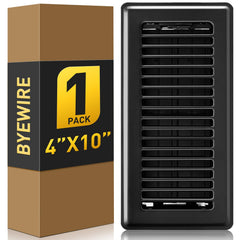 BYEWIRE 4x10 floor register front view; durable black steel vent cover supports reliable airflow