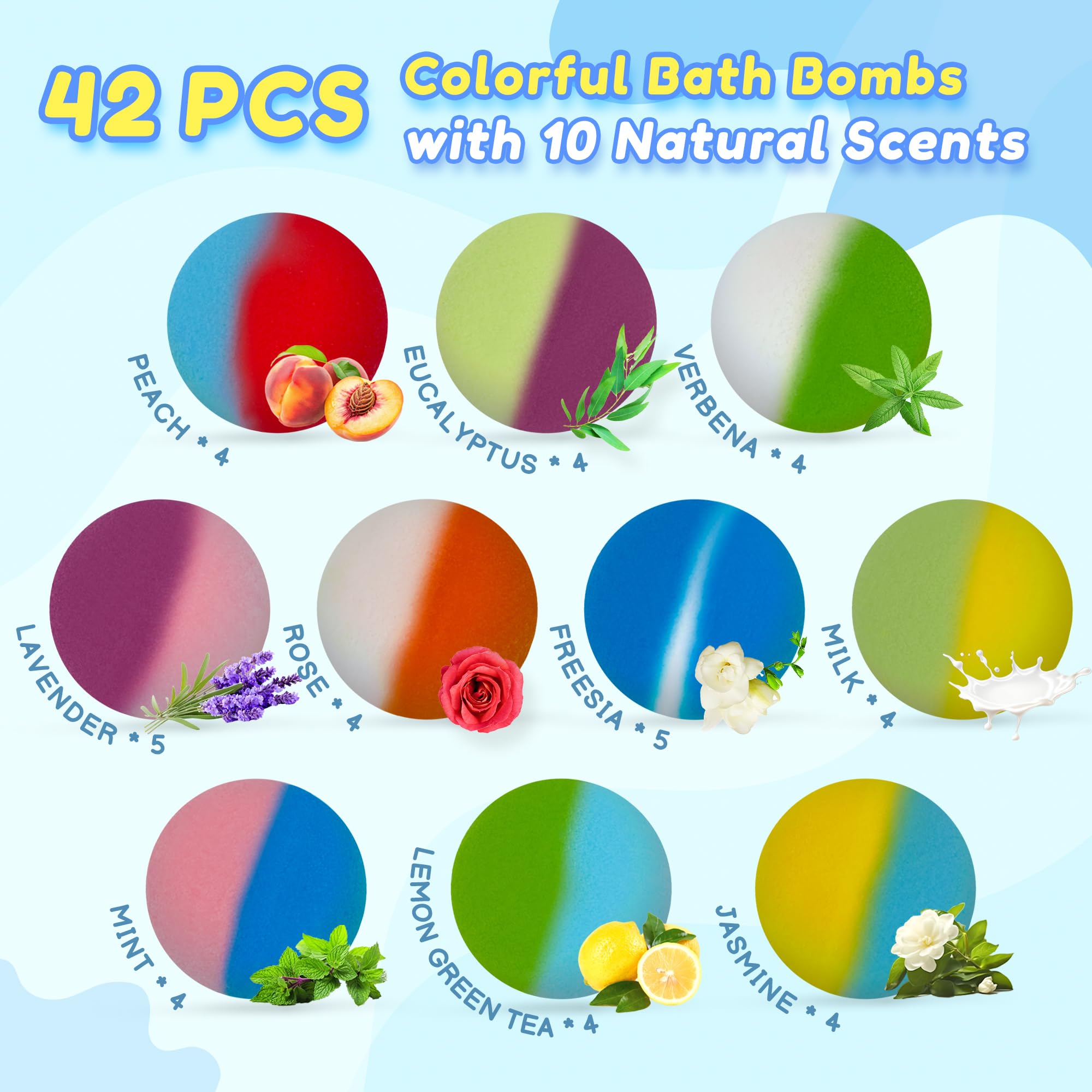 BYGGVIR 42-pack bath bombs with colors and scents for variety