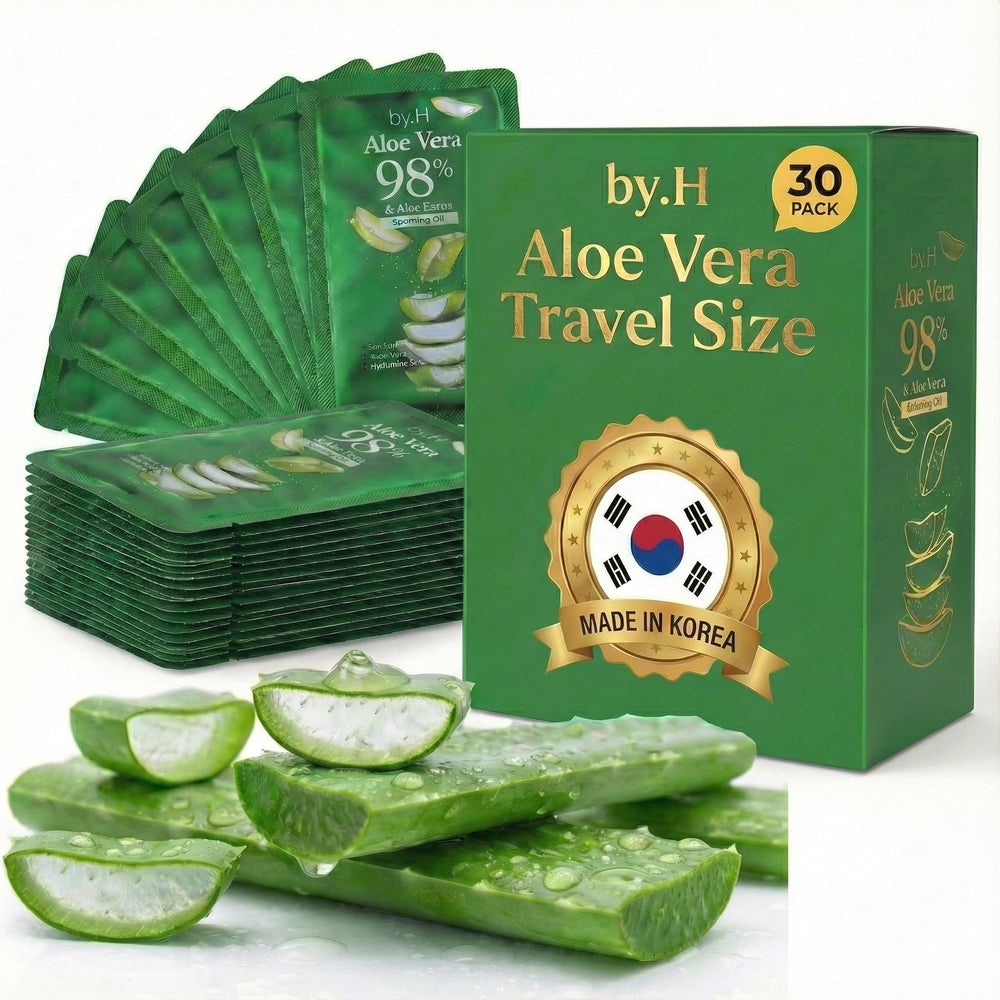 by.H travel-size aloe vera gel packets for on-the-go hydration and relief.