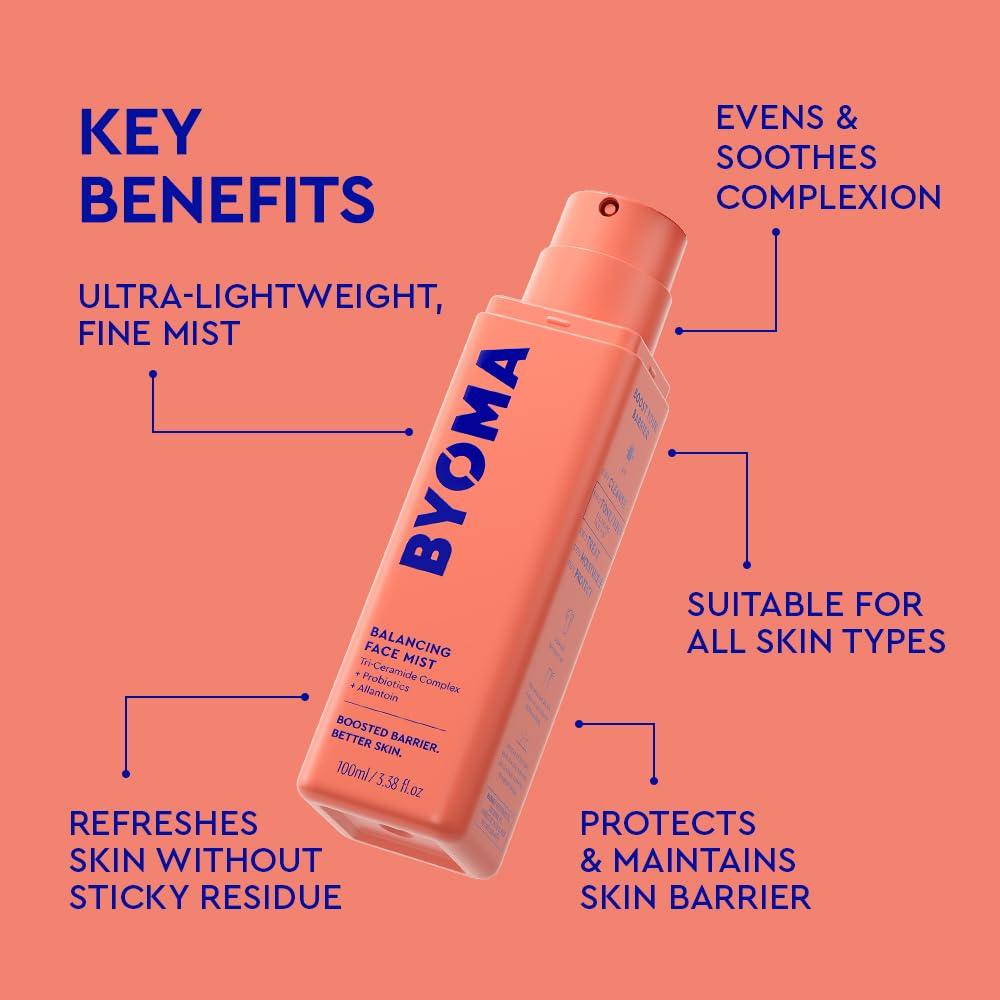 Close-up label of BYOMA Balancing Face Mist highlighting ingredients