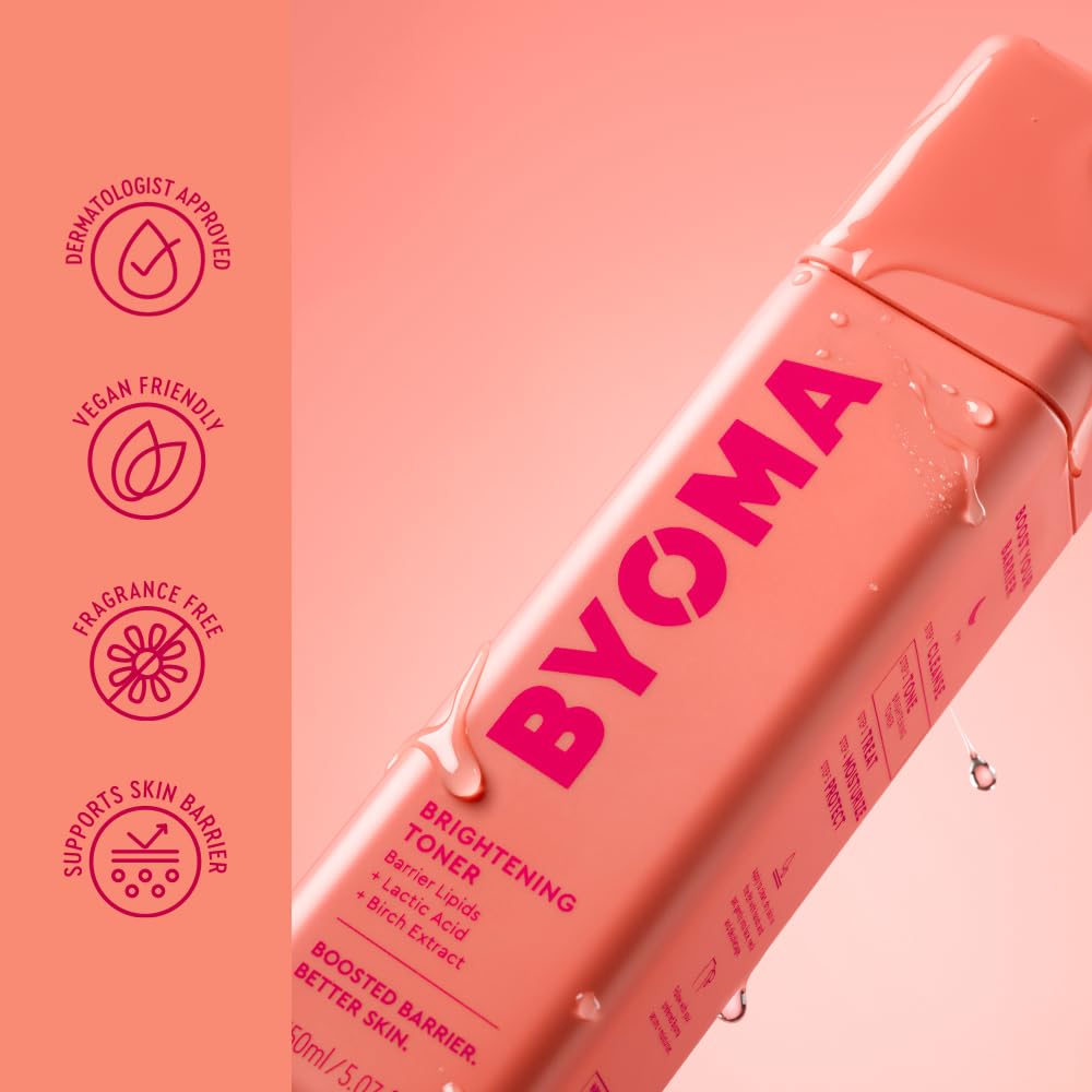 Byoma Brightening Toner dispensing onto a cotton pad for clean application.