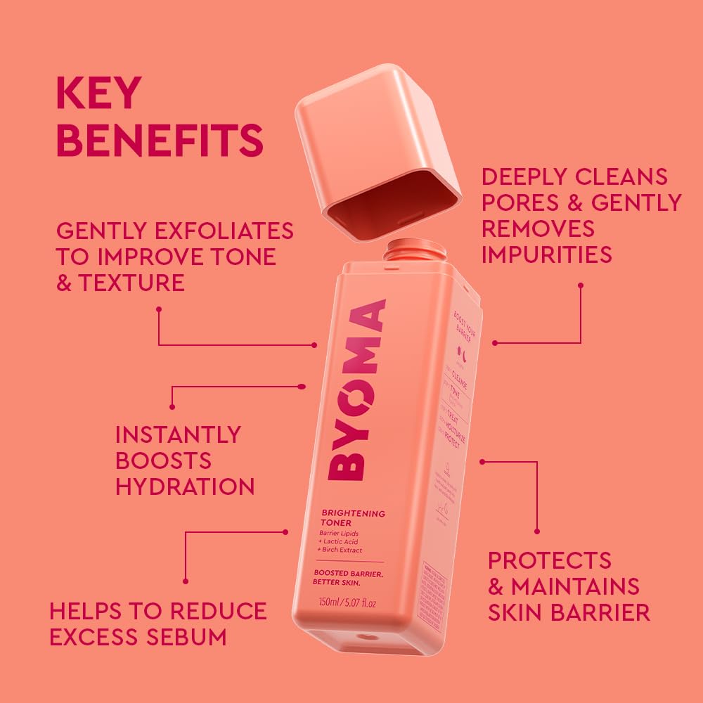 Byoma Brightening Toner product label shows ceramides and skin-identical lipids.