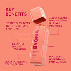 Byoma Brightening Toner product label shows ceramides and skin-identical lipids.