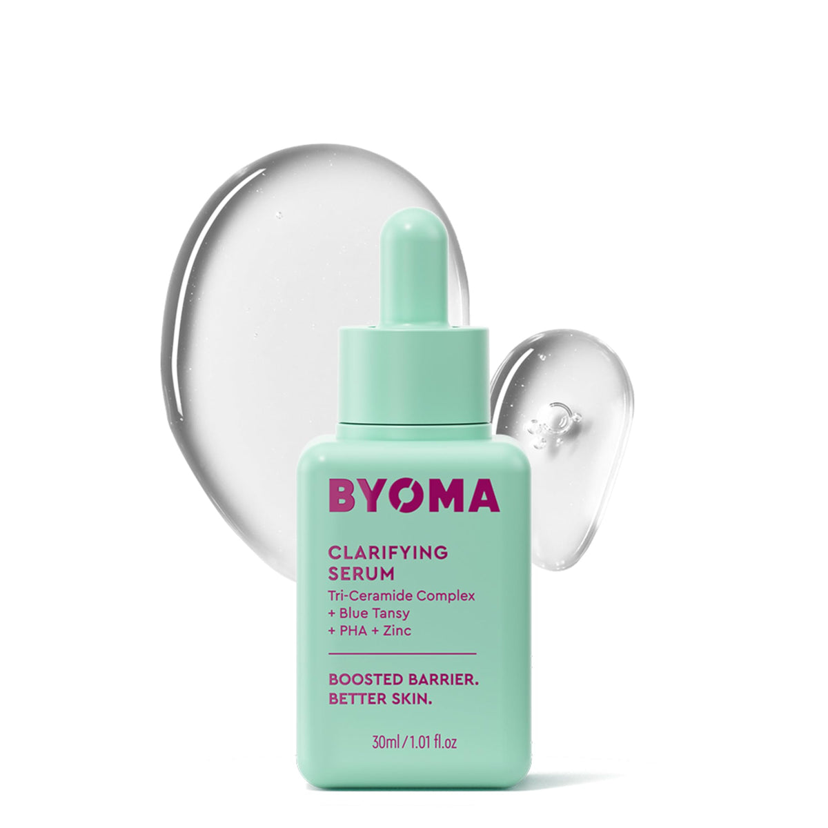 BYOMA Clarifying Serum bottle close-up showing barrier-boosting Tri-Ceramide Complex for calmer skin
