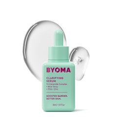 BYOMA Clarifying Serum bottle close-up showing barrier-boosting Tri-Ceramide Complex for calmer skin