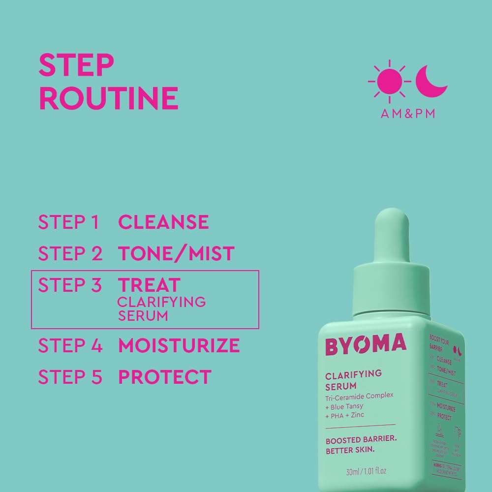 BYOMA Clarifying Serum packaging showing dermatologist-tested and fragrance-free labeling