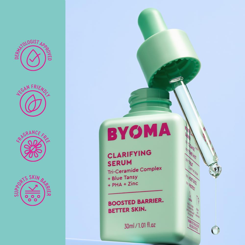 BYOMA Clarifying Serum applied to skin demonstrating pore decongestion and oil balance