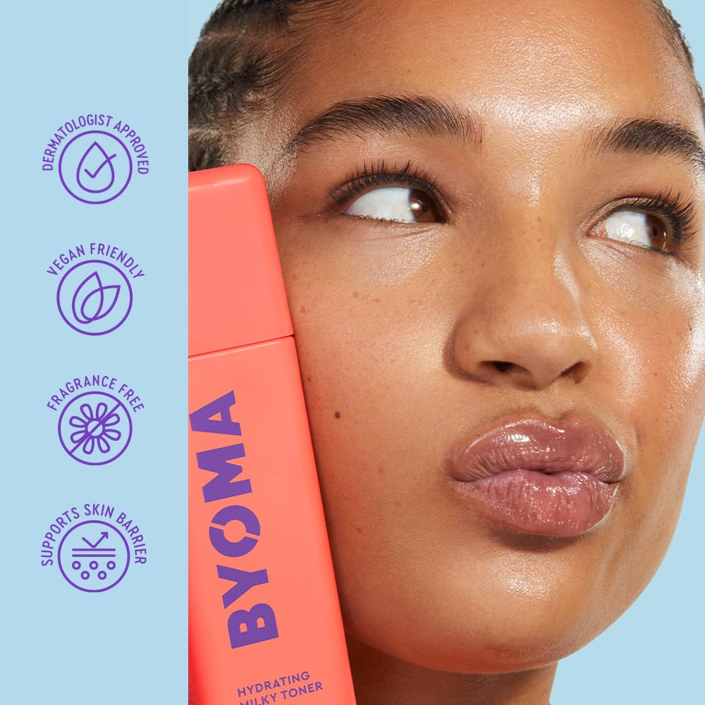 BYOMA Hydrating Milky Toner on bathroom counter with soft, dewy glow