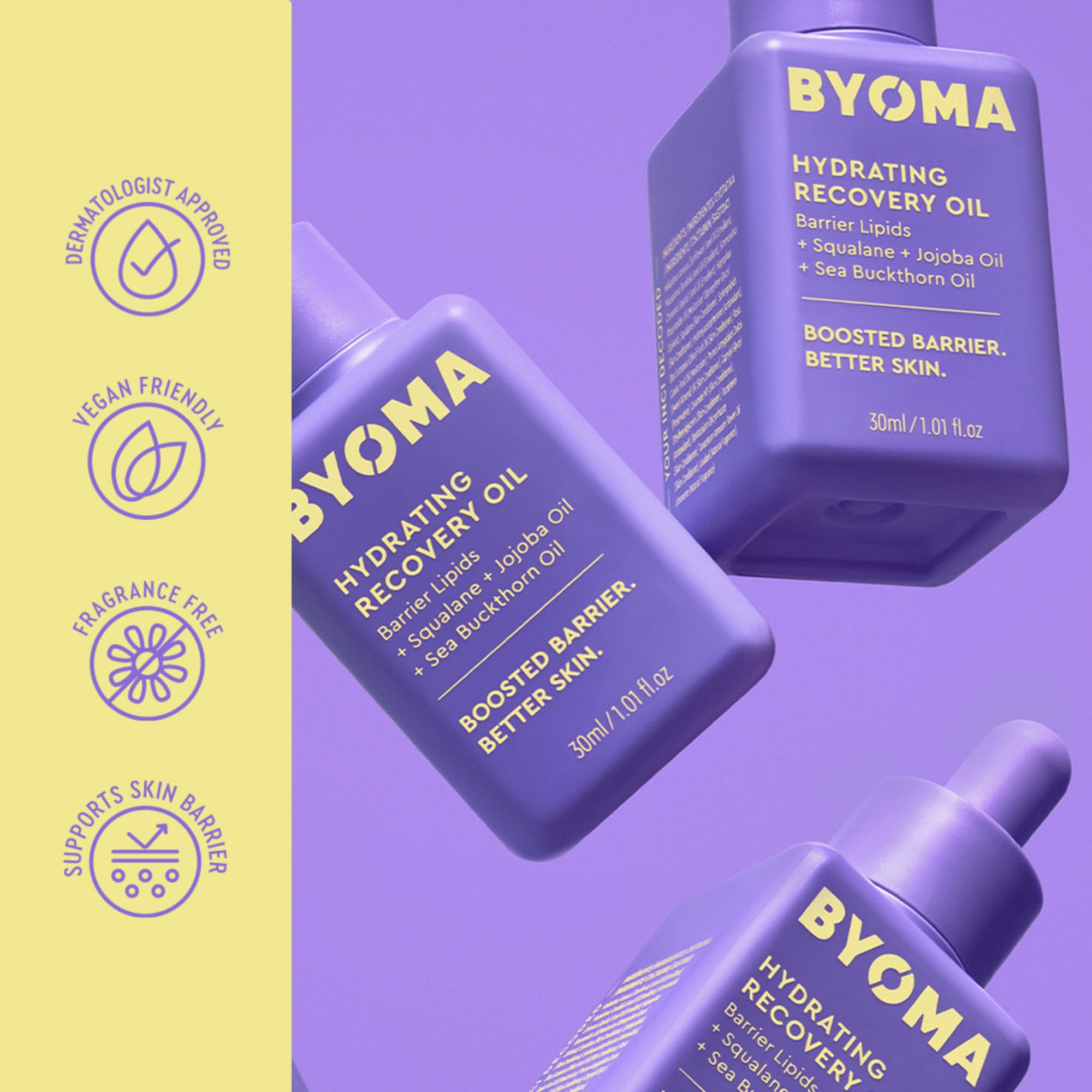 BYOMA Hydrating Recovery Oil squalane-barrier focus suggests reduced water loss