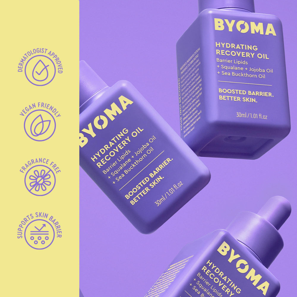 BYOMA Hydrating Recovery Oil squalane-barrier focus suggests reduced water loss