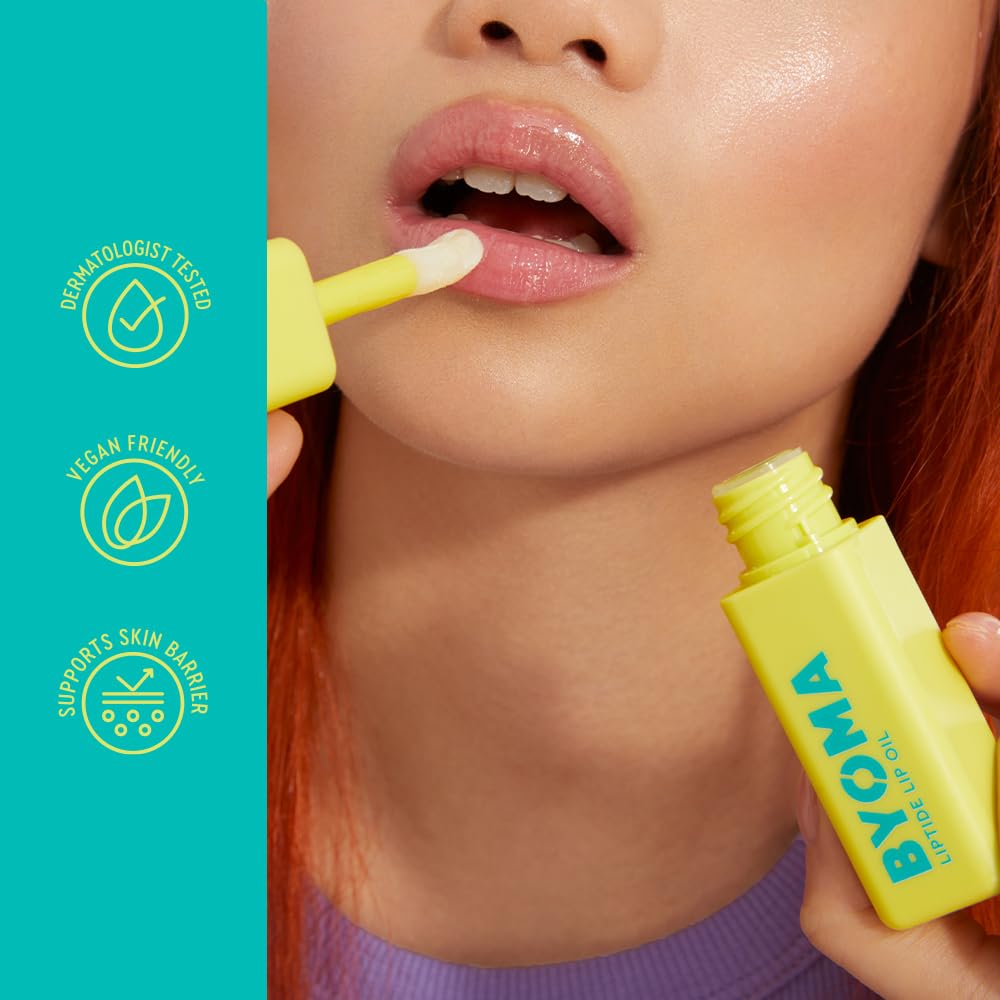Dermatologist-tested, fragrance-free BYOMA Liptide Lip Oil for sensitive lips.