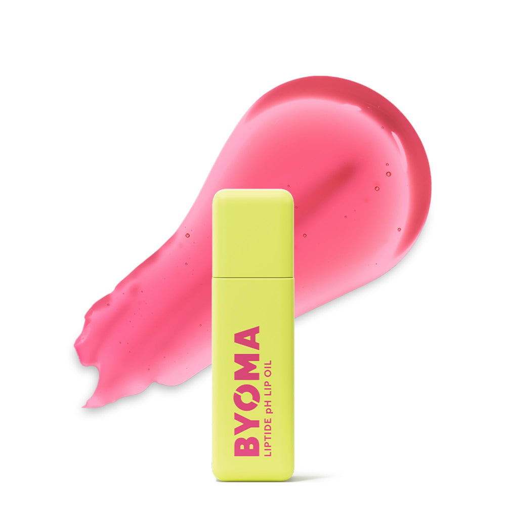 BYOMA Liptide Lip Oil bottle shows glossy pink tint and soft flush.