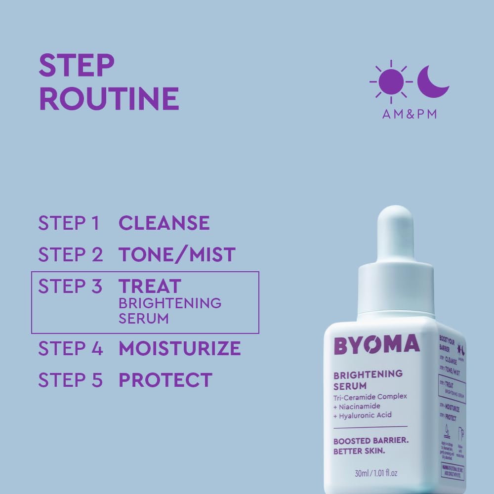 Close-up of BYOMA serum featuring niacinamide for brightness and even tone
