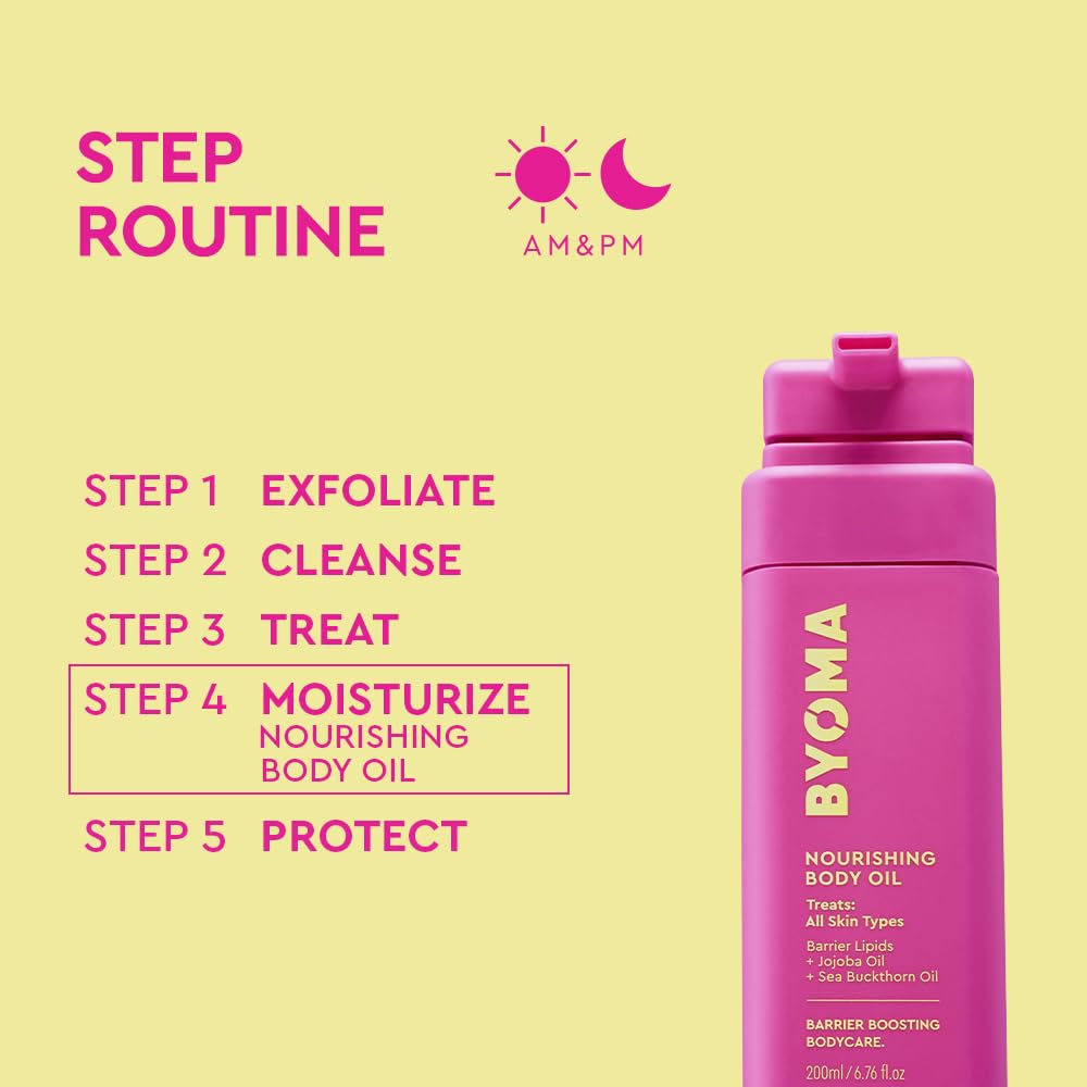 BYOMA Nourishing Body Oil translucent texture spreading for even hydration.