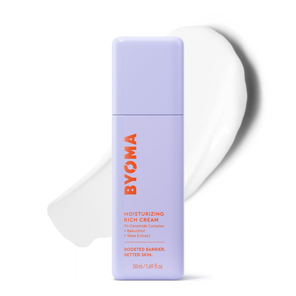 BYOMA Rich Cream bottle close-up showing barrier-supporting formula for dry skin.