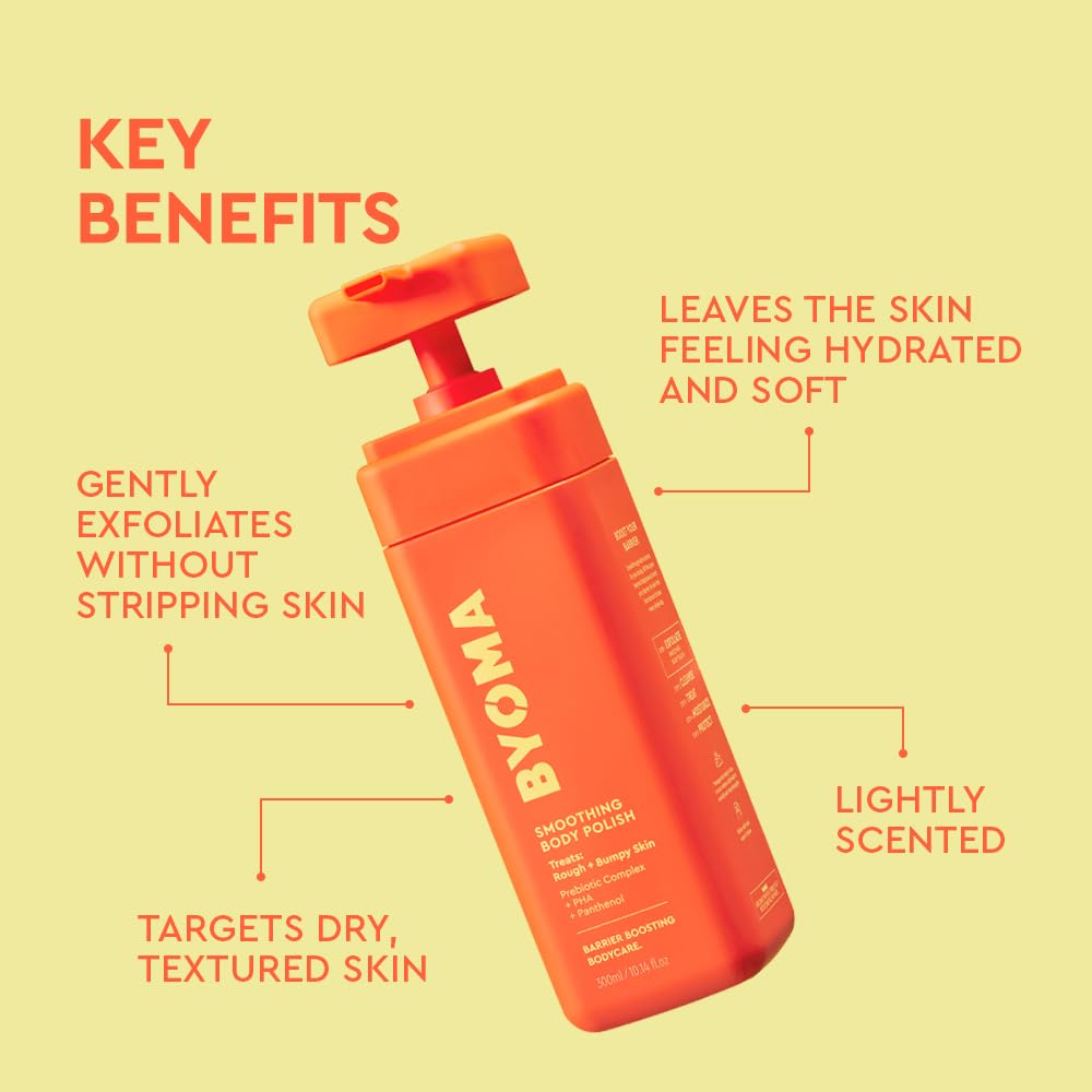 BYOMA Smoothing Body Polish in shower application provides refreshing, resurfacing action.