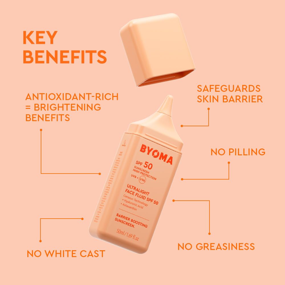 BYOMA SPF 50 Face Fluid pink tint close-up highlighting Astaxanthin glow