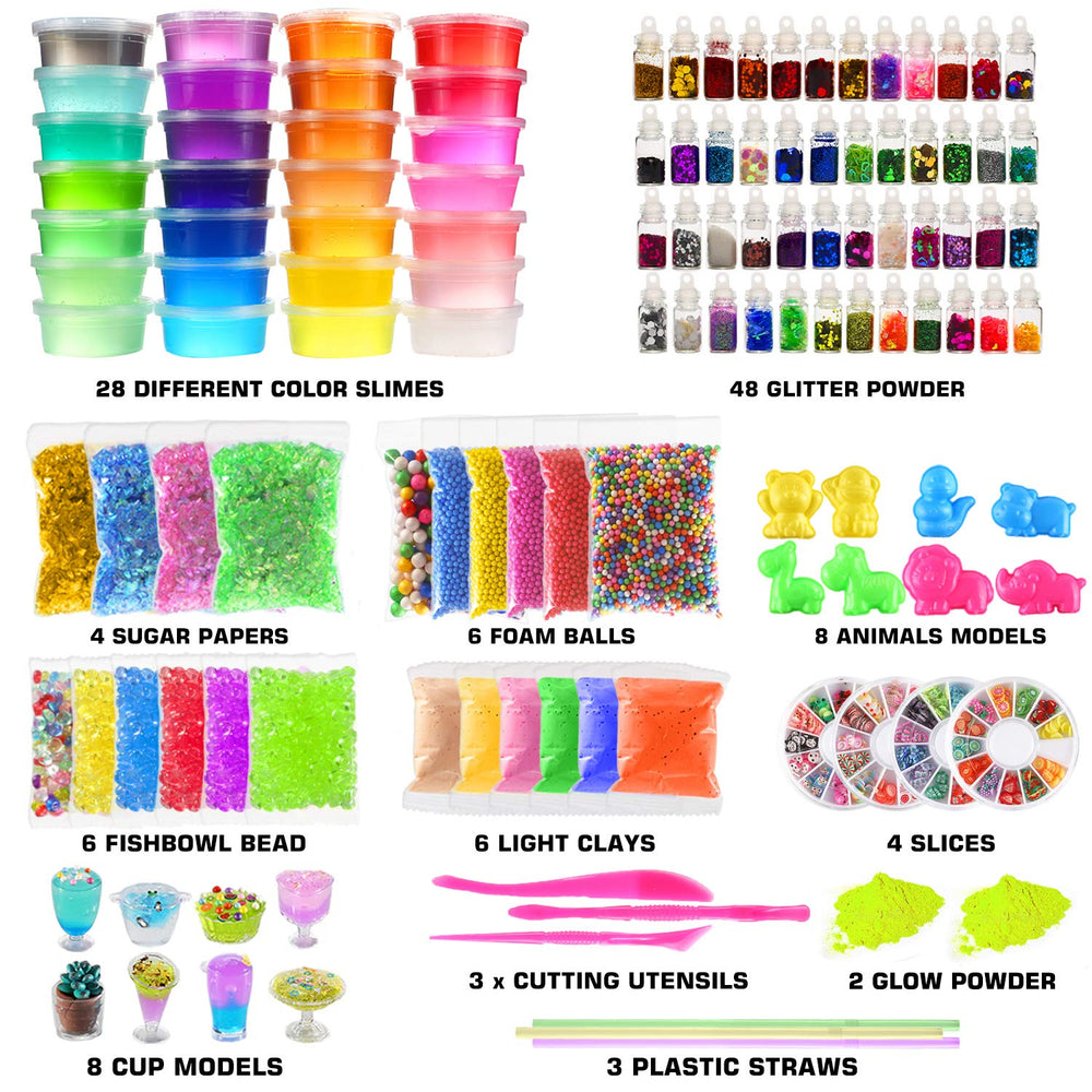 BYONEBYE slime kit contents with 28 ready-made slimes for quick crafting