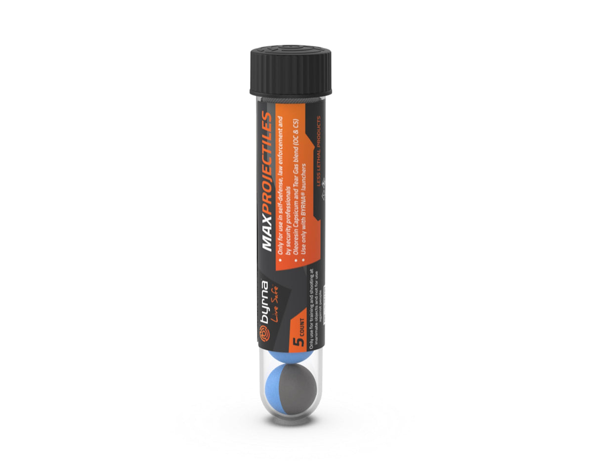 Byrna MAX OC/CS blend projectiles in a five pack for non lethal self defense scenarios